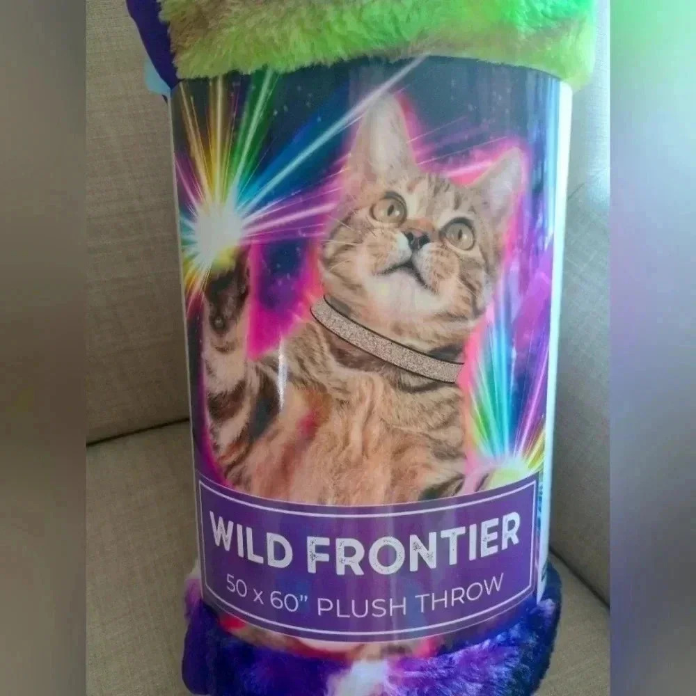 Wild frontier galactic cat blanket plush large multicolor neon throw home decor